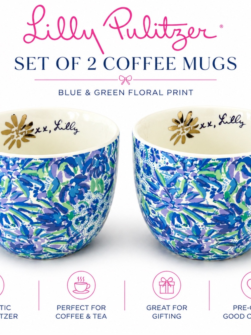 Lilly Pulitzer Blue, Green & Purple Floral Ceramic Mug Set (2)